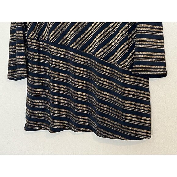 Chicos Travelers Blouse Womens 3 Navy Gold Metallic Striped Long Sleeve - Picture 3 of 13